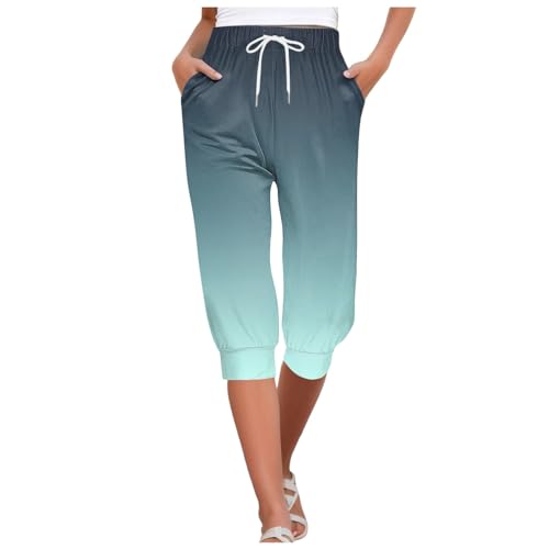 DondPO Caprihose Damen Sommer Mit Buntem Farbverlauf Drawstring Dreiviertel Haremshose Sporthose 3/4 Pumphose Stretch Leicht Und Luftig Yogahose Jogginghos Modisches Freizeithose Mintgrün S