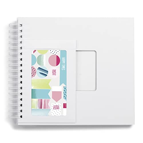 Hama Fotoalbum zum Selbstgestalten mit Zubehör (Scrapbook Album mit 50 weißen Seiten, Kreativ Set mit Stickern, Spiralalbum mit Sichtfenster, DIY Fotobuch 28 x 24 cm, Ringbuch) weiß