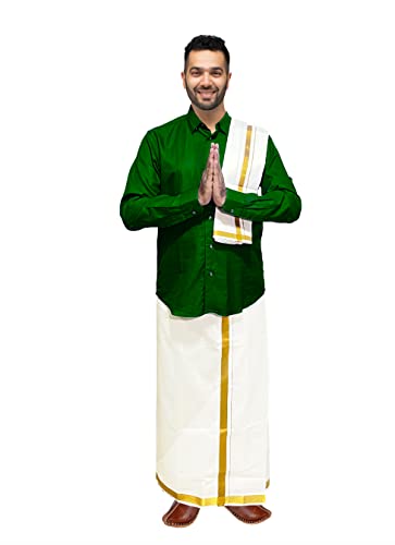 Cotton Dhoti Vesti Mundu 2 m, cremefarben, einlagig mit goldenem Zari-Rand (mit Angavastram)