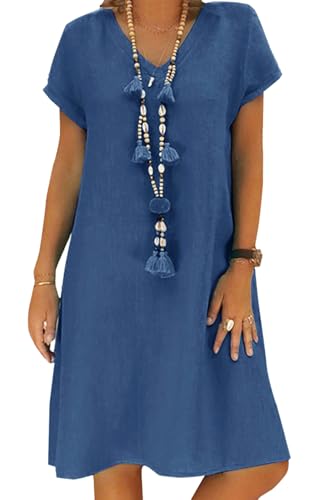 Sommerkleid Damen Leinen Kleider Casual V-Ausschnitt Midikleid Kurzarm A-Linie Kleid Strandkleid Ohne Zubehör (A Blau, XXL)