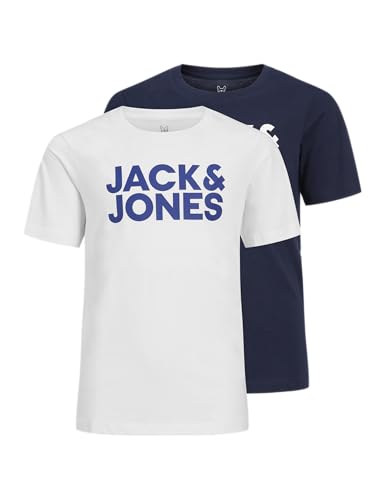 Jack & Jones Junior Jungen Jjecorp Logo Tee Crew Neck 2pk Jnr T Shirt, Navy Blazer/Pack:Navy Blazer Large Print + White Large Print, 164 EU