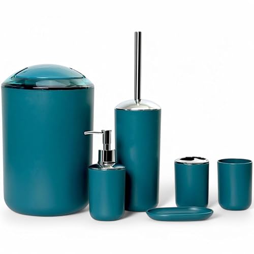 6tlg Badset Badezimmer Zubehör Set Organizer: Seifenspender, Zahnputzbecher, Kosmetikeimer, WC Bürste und Halter, Seifenschale, Mülleimer, Zahnbürstenhalter, Badgarnitur (Dunkel Türkis Design 3)