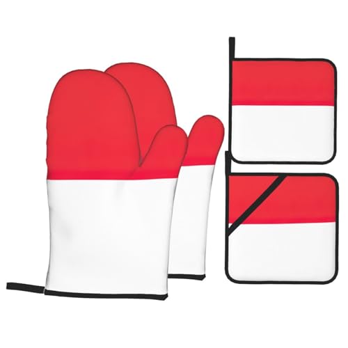 Hitzebeständige Ofenhandschuhe und Topflappen mit indonesischer Flagge, Set mit Aufhängeschlaufe, wasserdicht für Küche