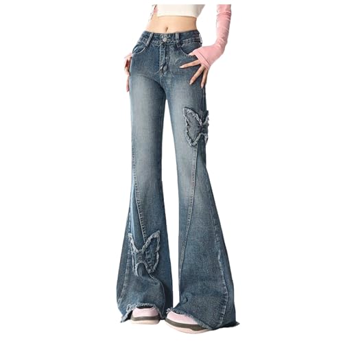 Schlaghose Women's Vintage Schmetterling Bestickt Micro Flare Jeans Design High Waisted Wischen Hufeisen Casual Pantsfür Zusammenkünfte Gesellschaftliche Aktivitäten Hosen Damen Locker (Blue, S)