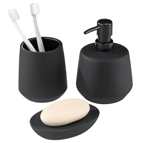 Navaris Badezimmer Set Schwarz - Hochwertige Keramik Badaccessoires - 3-teiliges Set - Zahnputzbecher, Seifenablage, Spender - Badezimmer Zubehör - Seifenspender Set - Bad Set
