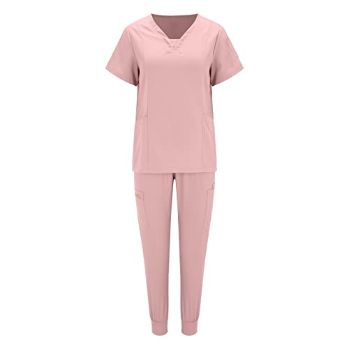 Einfarbiges Damen-T-Shirt mit Tasche und V-Ausschnitt, einfarbig, Damen, Neuer Sportklinik-Overall Overall Kinder (Pink, XXL)