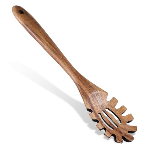 JIYIN Spaghettilöffe Holz, 32 Cm Nudellöffel Spaghetti Löffel mit Zähnen Spaghettizange Nudelkelle für Nudeln Spaghetti Kochen Backen Spülmaschinenfest