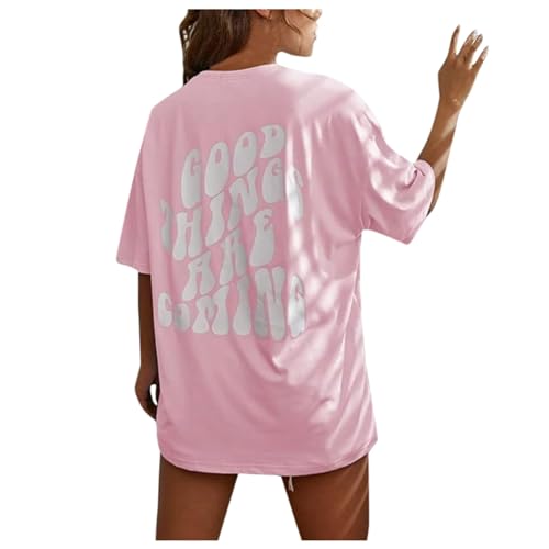Generisch retourenware Oversize Tshirt - Sport Sommer Oberteile Teenager Mädchen Y2K Kurzarm Tops Lose Rundhals Rückendruck Bluse Casual Klamotten Baumwolle Drop Shoulder Sportshirt