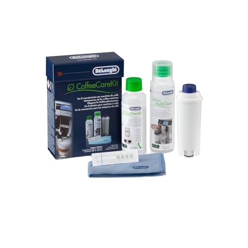 De'Longhi Original CoffeeCareKit DLSC306 -Pflegeset für Kaffeemaschinen & Kaffeevollautomaten,enthält 1 x 200 ml EcoDecalk,1x 250 ml EcoMultiClean,1x Wasserfilter,1x Mikrofasertuch,1 x Wasserhärtetest
