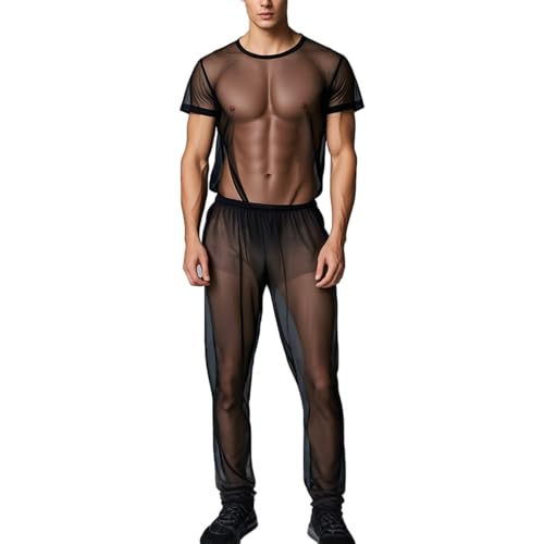 ZAIGELUO Herren Transparent Pajamas Sets Männer Durchsichtiges Sexy Mesh Lässig T Shirt Lounge Hosen Nachtwäsche L Schwarz