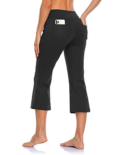 MOVE BEYOND Butterweiche Damen Bootcut Yogahose Capris mit 4 Taschen Bauchkontrolle Workout Bootleg Arbeitshose, Schwarz, XXL