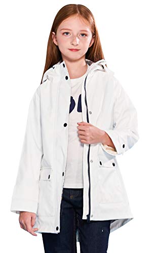 SOLOCOTE Kinder Regenjacke mit Kapuze gefüttert Gummi Regenmäntel für Mädchen Jungen Wasserdicht Winddicht Größe Weiß 9-10Y