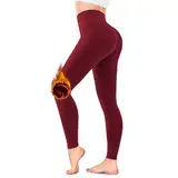 FuelMeFoot Thermo Leggings Damen Gefüttert Fleece High Waist Thermounterwäsche Warm Lang Strümpfhose Blickdicht Winter.09-Weinrot L/XL