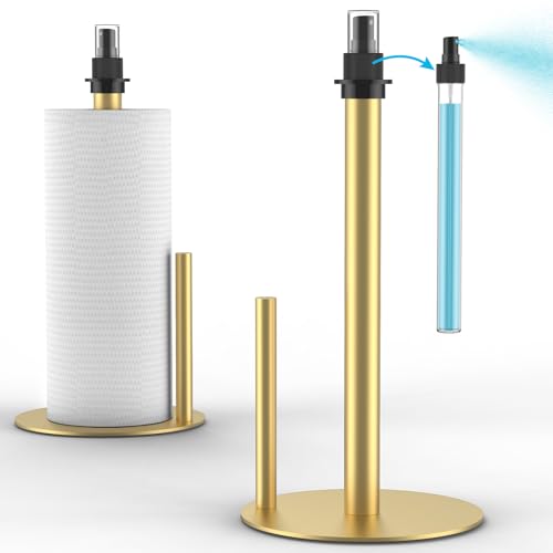 Papierhandtuchhalter mit Sprühflasche, Papierhandtuchspenderständer für die Arbeitsplatte mit Sprüher in der Mitte, Papierhandtuchhalterständer aus Edelstahl mit Sockel– Gold
