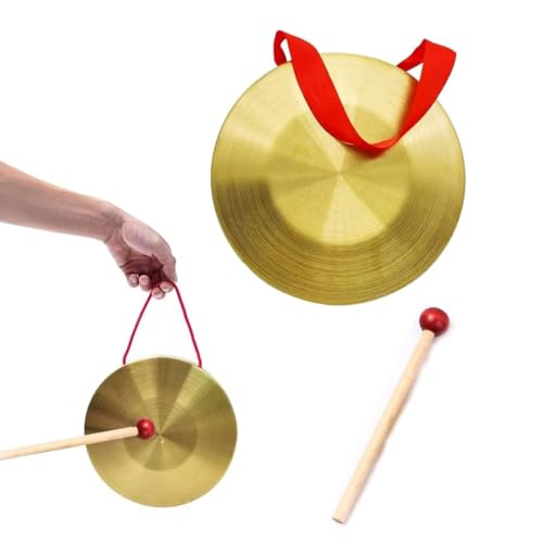 MenYiYDS 1 Pcs 12 cm großes Messing-Handgong-Becken, tragbares Gong-Blechblasinstrument mit 15 cm rundem Spielhammer für Perkussion, Kirchenoper, Orchester