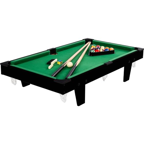 GAMES PLANET Mini Pool Billardtisch Micro inkl. Zubehör (2 Queues, Kugeln, Dreieck, Kreide, Bürste), 3 Dekore, Maße: 92 x 52 x 19 cm, schwarz