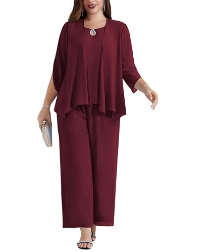 Hanna Nikole Große Größen Damen Chiffon Abendanzug Sets Cocktail Party Festlich Elegant 3-Teiliges Set Shirt Und Hohe Taille Hosenanzug Mit Ärmellose Weste Blau 48