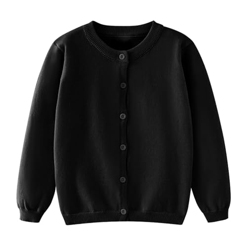 JiAmy Kinder Mädchen Strickjacke mit Rundhalsausschnitt Basic Kleinkind Jungen Cardigan Baumwoll Pullover Langen Leichter für Frühling Herbst Schwarz 5-6 Jahre