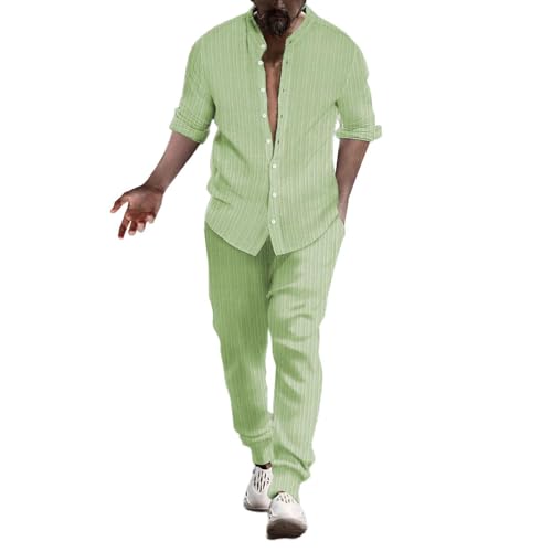 QJDFLL Sommer Universal Fit Leinenanzug Leinen Hemd und Hose Set Herren Langarm Leinen Hose & Hemd Herren Langarm Sommer Freizeitanzug strandanzug Loungewear Pyjama Sets (C-GN1,L)