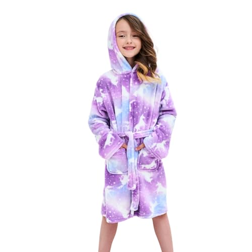 Piefry Weicher Bademantel mit Kapuze für Mädchen Fleece Morgenmantel Nachtwäsche Kinder (Violettes Einhorn, 8-9 Jahre)