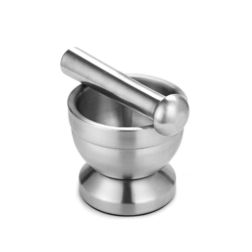 Stößel und Mörser-Set, ONEVER Edelstahl-Mörserschale und Stößel mit Deckel und rutschfester Basis, Gewürzmühle, Pillenzerkleinerer für Pillenzerkleinerer, Gewürzmühle, Kräuterschale, Pesto-Pulver