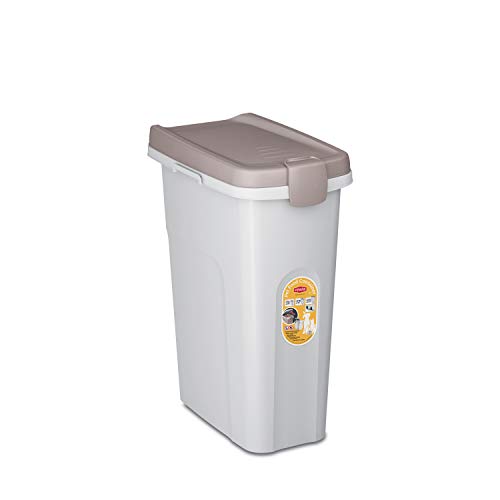 Petfood-Container, luftdichte Aufbewahrung von Trockenfutter, Vorratsbehälter Tierfutter, Weiß / Braun, 25 Liter Fassungsvermögen, 39 x 24 x 51 cm, für ca. 10 kg Trockenfutter