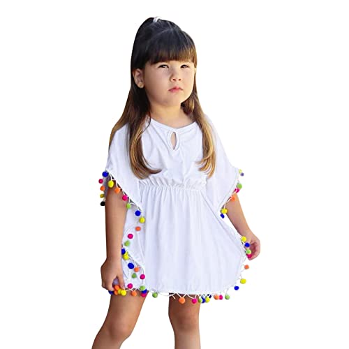 MäDchen Kinder Jerseykleid Mit BindegüRtel Kleinkind Kinder Baby Mädchen Cover Up Sommer Leopard Regenbogen Quaste Strandkleid Bommel Poncho Rash Guards Badeanzüge Bikini MäDchen (White, 2-3 Years)