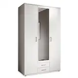 Stella Trading KARL Eleganter Kleiderschrank 3-türig mit viel Stauraum - Vielseitiger Drehtürenschrank in Weiß mit Spiegeltür - 120 x 195 x 55 cm (B/H/T)