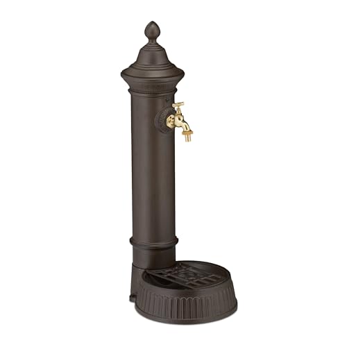 Relaxdays Standbrunnen antik, mit Wasserhahn & Becken, HxBxT: 72 x 26 x 31 cm, Wasserzapfsäule Garten, Terrasse, braun