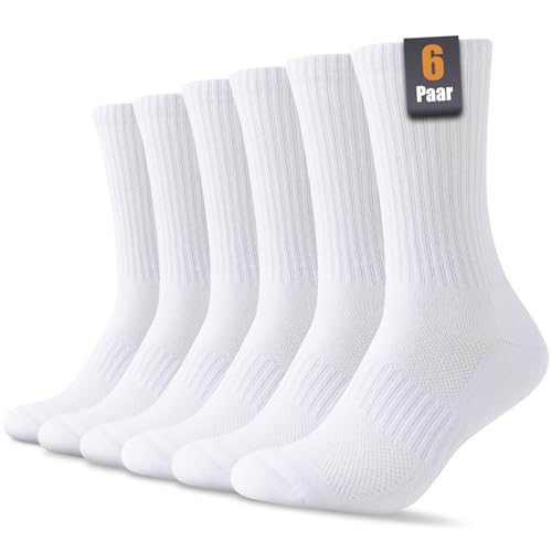 SockWaddles Socken Herren Damen, 6 Paar Baumwolle Atmungaktive Gepolsterte Tennissocken Sportsocken Laufsocken Wandersocken 43-46, Weiß