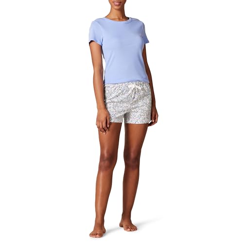 Amazon Essentials Damen Nachtwäscheset mit Shorts und T-Shirt aus Popeline, Blau Floral, M