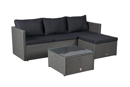 LC Garden Loungino Polyrattan Lounge grau-Mix für 3-4 Personen, Balkonmöbel Sitzgruppe mit Tisch + Hocker, Gartenlounge, Ecksofa für Balkon + Terrasse