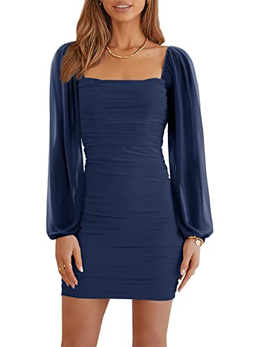 Wenrine Damen Kleider Party Cocktail Club Bodycon Kleid Hochzeitsgast Mesh Langarm Square Neck Minikleid Slim Fit(Marineblau,S)