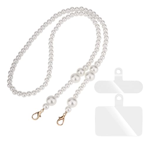 EOYVAIL Handyanhänger,Perlen-Handkette, weiße Perle, Handy-Lanyard, Handyband, mit Handy-Clip, 90 cm (3 Stück)