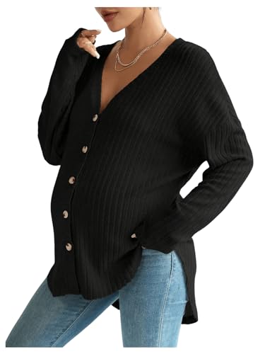 Umstands-Strickjacke für Damen, V-Ausschnitt, langärmlig, übergroß, mit Knöpfen aus Rippstrick, weich und bequem, lässig, mit Knöpfen auf der Vorderseite zum Stillen und Tragen, Schwarz , Small
