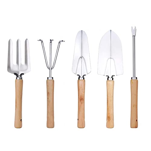 FANXIYA Gartenwerkzeug-Set, 5 Stück Gartengeräte aus Edelstahl mit Holzgriff, Zubehör für Außengarten Garten Werkzeuge, Geschenke-Verpackung (Edelstahl 5)