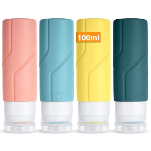 OSDUE 4 Stück Silikon Reiseflaschen Set, Reiseflaschen zum Befüllen Set Travel Bottles für Shampoo, Lotion, Spülung, Duschgel, Reise Shampoo Behälter BPA-frei Praktisches Reiseflaschen Set (100ML)