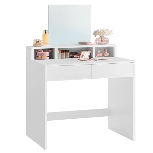 VASAGLE Schminktisch mit großem Spiegel, Frisiertisch, 2 Schubladen, 3 offene Fächer, Kosmetiktisch, modern, weiß RDT103W01