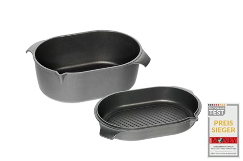 AMT Gastroguss Klaus grillt German Oven Set, große Ausführung, 42x28 cm, German Oven Bräter/German Oven Gußdeckel mit Grillboden, Aluguss, Lotan® Antihaft-Veredelung, AMZN-KG-4228-Set