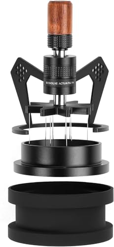 IKAPE Mantis WDT Distribution Tool, 51MM Espresso Rührer Distribution Tool für Barista - 8 Nadel Espresso Rührer mit Dosiertrichter & Stand, einstellbare Nadelhöhe, Walnuss Griff
