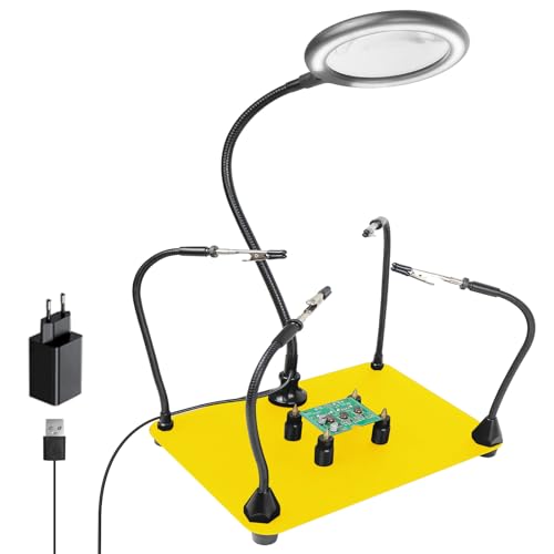 Magnetische helfende Hand, lötende Dritte Hände mit 3X LED Lupenlampe, 4 PCB Säulen Leiterplattenhaltermit mit Flexible Metallarme Elektronisches Reparaturwerkzeug