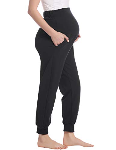 Joyaria Damen Umstands Hose Über den Bauch Schwangere/Schwangerschaft Jogginghose Lang Weich Viskose(Schwarz,M)