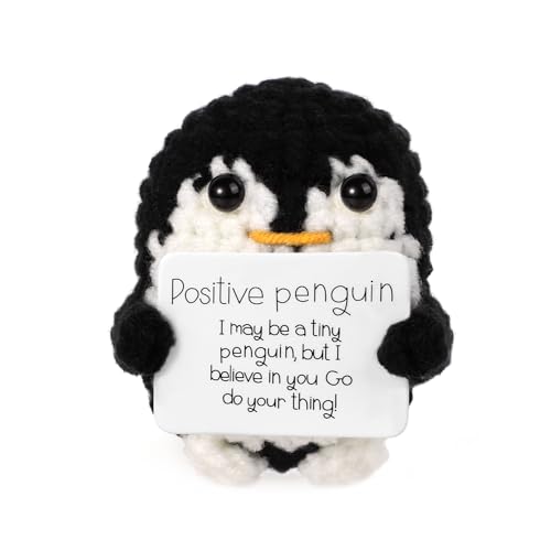 BOXOB Mini Lustiger Positiver Pinguin, 6,5cm Süßes Gestricktes Pinguin Spielzeug mit Positiver Karte Positiver Pinguin-Häkelpuppe Jubelndes Geschenk für Freunde Ermutigung Party-Dekoration (Schwarz)