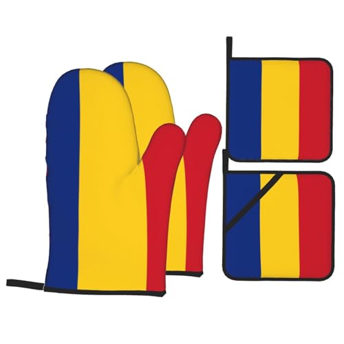 WBQLSL Ofenhandschuhe und Topflappen, Küche Backen 4-teiliges Set zum Kochen, Mikrowelle, Backen, Grillen Flagge von Rumänien Drucke