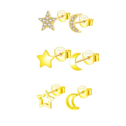 Hinvan 3 Paar Mond Stern Ohrringe Gold Ohrstecker Damen 925 Sterling Silber Ohrringe Sterne Ohrstecker Gold Klein Set Zirkonia Ohrschmuck Schmuck für Damen Mädchen Frauen