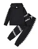 GiHaood Sweatshirt für Teen Mädchen Karomuster Sicherheit Langarm Hoodie mit Pocket Pants Schwarz Winter Outfit 11-12 Jahre