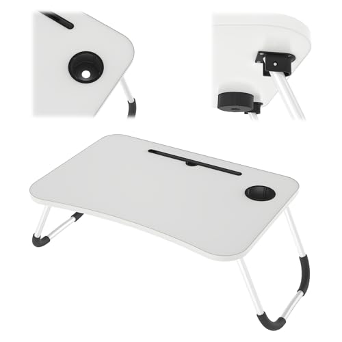 UISEBRT Laptoptisch, Tragbar Betttisch für Bett, Klappbar, Mit Getränkehalter, Ideal für 17 Zoll Laptops, 60x40x26.5 cm, Faltbar für Einfache Aufbewahrung,Warmweiß