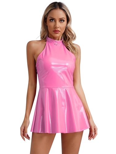 iEFiEL Damen Wetlook Minikleid Neckholder Partykleid A-Linie Skaterkleid Glänzende Lacklederkleid Kurz Faltenkleid Rosa 4XL