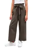 Haloumoning Mädchen Weite Hose Palazzo Hohe Taille Mode Bootcut Elastische Paperbag Freizeithose mit Gürtel, Kaffee, 12-14 Jahre