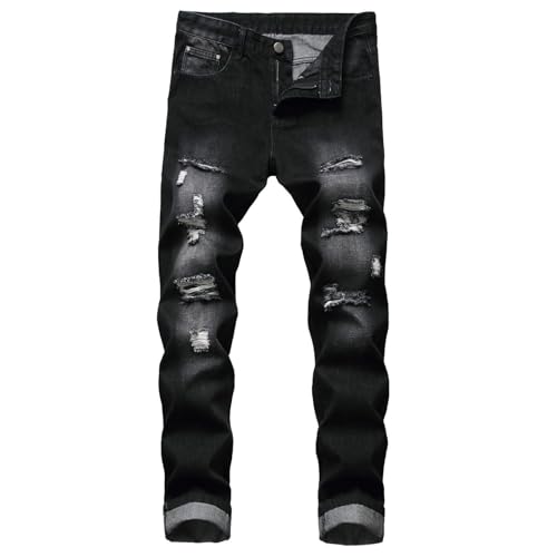 Homgro Herren-Denim-Hose, mittelhohe Taille, gerades Bein, Western-Hose, lässig, Wintertasche, Sommer, zerrissene Denim-Hose, Schwarz, 28